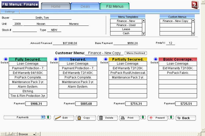 Financial Menu Apply F&I Menus